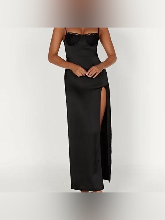 Meshki Dresses & Skirts - Meshki Zuleyka black satin maxi dress with slit Size Small